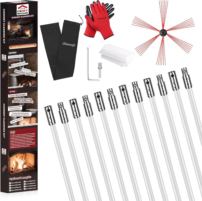 39 Feet Chimney Sweep Kit, Chimney Cleaning Kit with 12 Flexible White Chimney Rods, Chimney Brush for Sweeping Fireplace, Rotary Chimney Cleaning System Driven by Drill