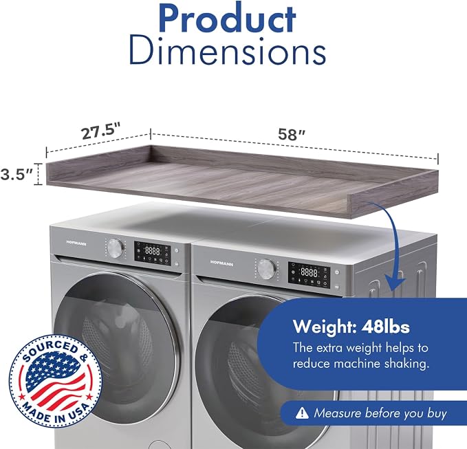 OfficeSimpli Washer Dryer Countertop, Made in USA, Non-Slip Pads, Laundry Room Wood Topper, Washer Dryer Cover for Top, Laundry Countertop, Laminate Finish (Iconic Maple, Large (27.5" x 58"))