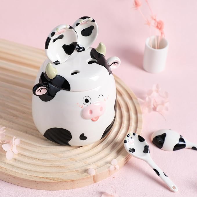 Sizikato 4pcs Porcelain Measuring Spoons with Base, Cow Shaped Ceramic Measuring Spoon Set