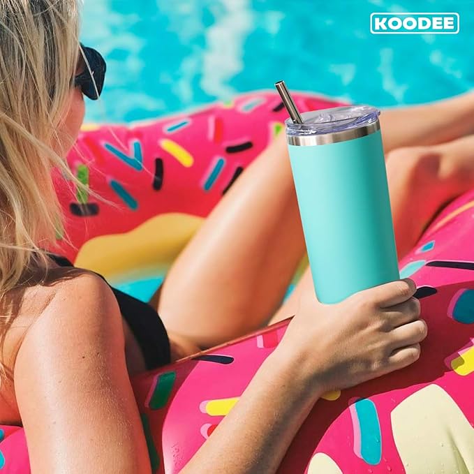 koodee 20 oz Stainless Steel Skinny Tumbler Double Wall Insulated Slim Water Tumbler Cup with Lids, Straws and Straw Brushes (Teal)