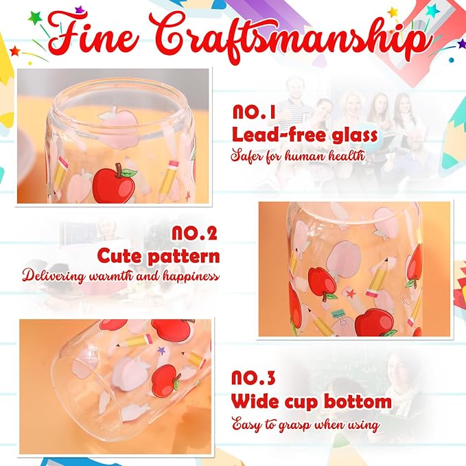 Sliner 2 Pcs Teacher Glass Cups Teacher Appreciation Gifts Iced Coffee Tumbler with Lid Straw End of Year Gifts for Teachers Students, 16 oz Pencil and Apple Drinking Glasses