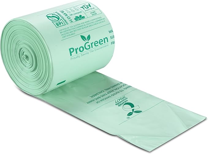 Compostable Trash Bags, Extra Thick, Compost Kitchen Bin Bags, Food Scraps Yard Waste Bags, ASTM D6400 BPI and TÜV AUSTRIA Certified (8 Gallon, Pack of 100)