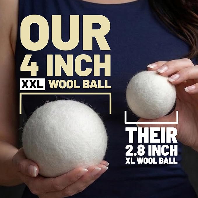 XXL 4in Wool Dryer Balls – Twice The Size of XL | 100% Organic New Zealand Wool | Shorten Drying Time | Reduce Static & Wrinkles Fast (by BigWoolBalls)