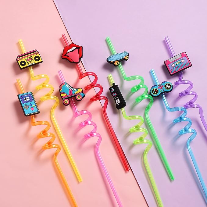 24 90s Party Favors 1990's Retro Element Straws for Back to The 90s Party Decorations Supplies with 2 PCS Straws Cleaning Brush