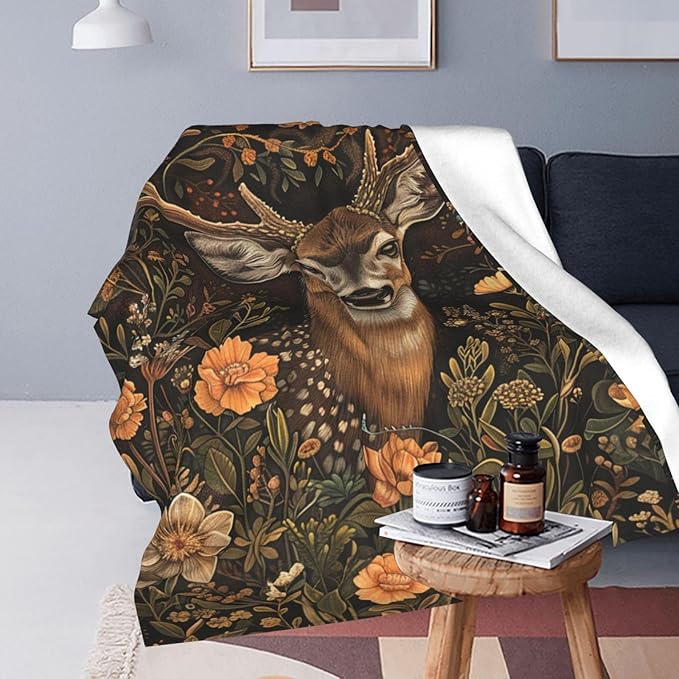 Deer Print Blanket Vintage Forest Sika Deer Decor Throw Blanket Comfy Plush Flannel Fleece Warm Soft Fluffy Fuzzy Winter Blanket Reindeer Gifts for Girls Boys Women Teens for Bed Sofa Couch 40"X50"