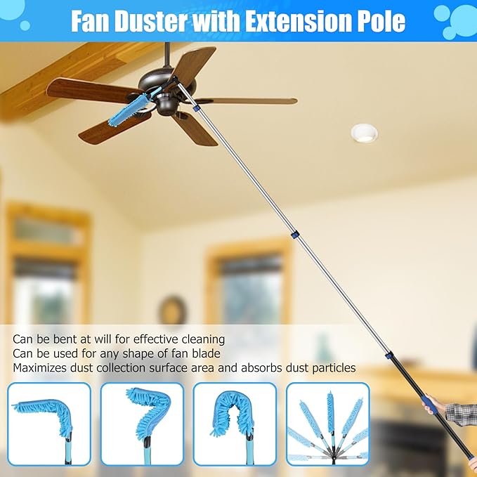 20 Foot High Reach Ceiling Duster Kit 3.6-12ft Extendable Pole with Cobweb Duster,Ceiling Fan Duster,Window Squeegee and Scrubber, Microfiber Feather for Easy Cleaning Indoor & Outdoor
