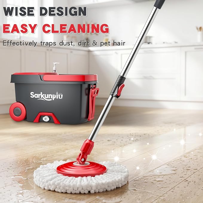 Mop and Bucket Set with Wringer, Spin Mop Floor Cleaning System with 6 Replacement Microfiber Heads & 61" Extra-Long Handle for Home Floor, Dark Grey