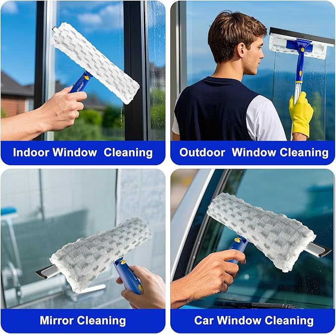 ITTAHO 60" Window Squeegee Cleaner 2 in 1 Window Cleaning Tool Kit Window Washing Kit with Extension Pole for Shower Glass, Indoor/Outdoor High Window Cleaning-Two Pads