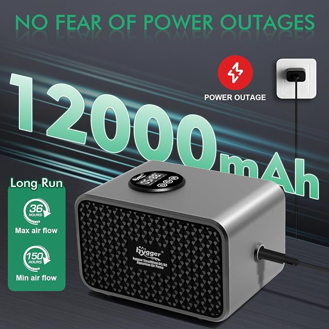 hygger Aquarium Air Pump, USB Rechargeable Battery Powered Fish Tank Air Pump 6W/10W with LCD Display Dual Outlets, Adjustable Aerator for Fish Oxygen Pump for 5-200 Gallon Tank
