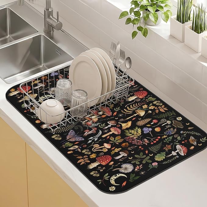 Kitchen Countertop Dish Drying Mat,Super Absorbent Coffee Bar Mat for Maker Espresso Machine, Anti-Slip Accessories for Kitchen Countertops 19x12 Inch