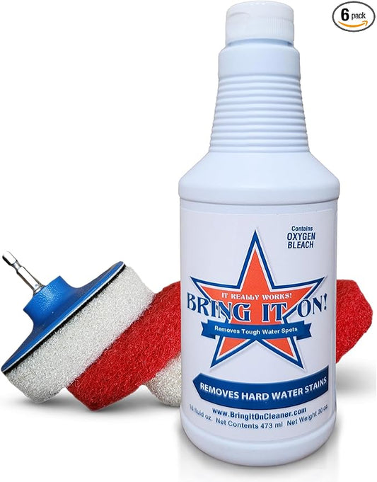 Bring It On Cleaner Hard Water Stain Remover 16 oz | Glass, Soap Scum Remover for Shower Glass, Fiberglass, Windows, Tile and Grout Cleaner, and Includes Scrubbing Drill Pads