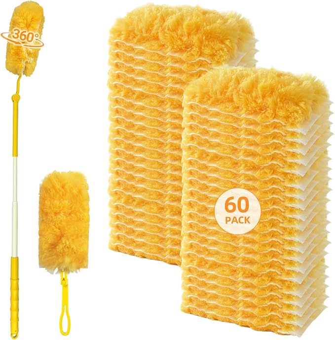 60 Count Heavy Duty Duster Refills for Swiffer Duster, 360° Double-Sided Electrostatic Dusting Pads with Upgraded Thick Fibers, 2 Handles Included, Microfiber Duster for Cleaning Home(Yellow
