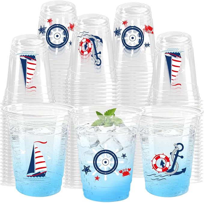 100pcs Nautical Plastic Cups 12 oz Nautical Birthday Clear Cups Navigation Disposable Glasses Blue Sailboat Anchor Lifebuoy Steering Wheel Beverage Glasses for Ocean Birthday Party Supplies