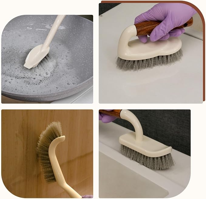 4-Pack Heavy Duty Scrub Brushes Set with Wooden Handles, Triangle & Square Floor Scrubber, Dish Brush, Grout Cleaner for Kitchen, Bathroom, Tile, Carpet & Stubborn Stains Removal