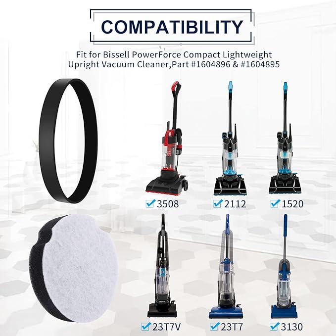 KEEPOW Vacuum Filter for Bissell Powerforce Compact Lightweight Upright Vacuum, Belt for Bissell Powerforce Compact, Fit Model 3508, 2112, 1520, 23T7 Series, Part 1604895/1604896, (4 + 8 Pack)