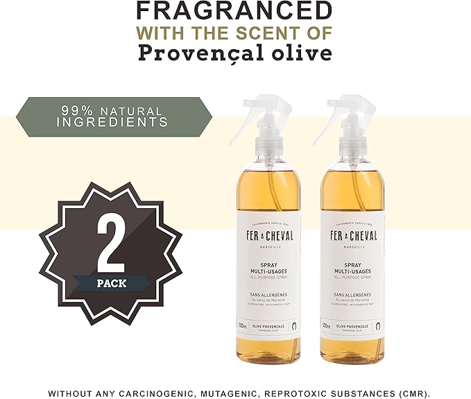 Fer à Cheval Versatile Marseille All-Purpose Spray Cleaner - Natural Provençal Olive Scent, Allergen-Free, 99% Natural Ingredients, 500 ml/16.9 fl oz (2-Pack)