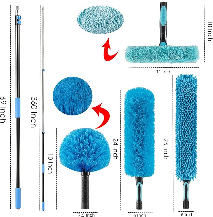 36 Foot High Ceiling Fan Duster with 5-30ft Extension Pole, Extendable Reusable Cobweb, Feather, Window Cleaning Squeegee Kit