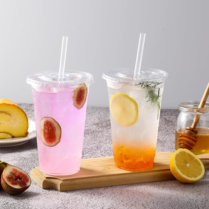 AOZITA [100 Sets 12 oz Clear Plastic Cups With Lids and Straws, Disposable Cups With Lids for Iced Coffee, Smoothie, Milkshake and Cold Drinks.