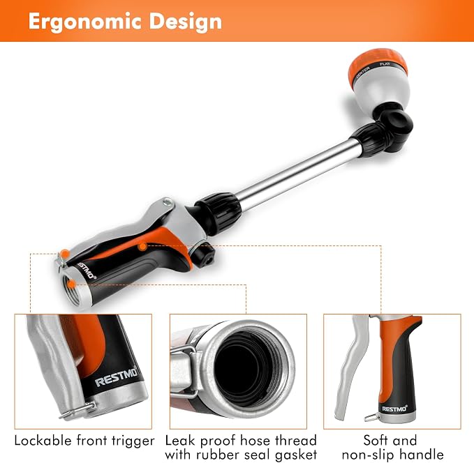RESTMO Garden Hose Nozzle, Heavy Duty Metal Hose Wand with 7 Adjustable Spray Patterns, High Pressure Hand Sprayer with Flow Control, Best for Watering Plants & Lawns, Washing Cars & Pets