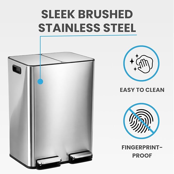 iTouchless SoftStep 16 Gallon Dual Compartment Kitchen Trash Can and Recycle Bin with dual AbsorbX Odor Filters, 60L Stainless Steel Step Garbage Can, Soft-Close Lids, Color-Coded Buckets (Black/Blue)