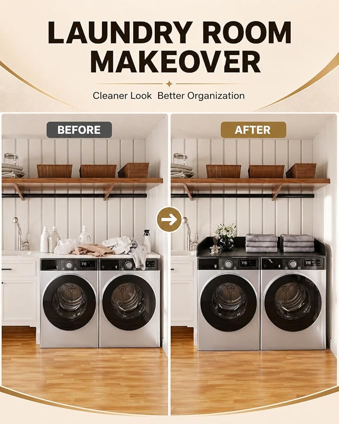 FlyGeneral Washer and Dryer Countertop, 54" Width x 27.5" Deep, Black | Laundry Folding Surface for Clothes, Quick Install Design, Raised Edge Prevents Items Falling, Fits Front Load Washer Dryer