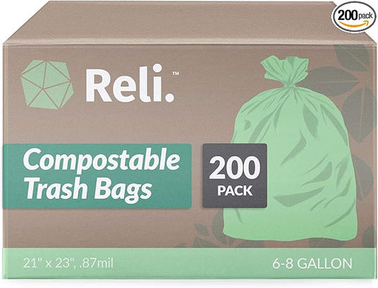 Reli. Compostable 6-8 Gallon Trash Bags | 200 Count Bulk | ASTM D6400 | Green | Eco-Friendly | For Compost