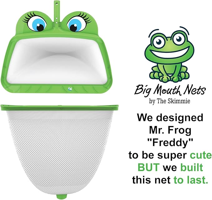 The Skimmie Ms. Frog Large Leaf Rake - 20" Wide Big Mouth Pool Leaf Skimmer Net for Deep Cleaning of Debris in Above Ground and In Ground Swimming Pools, Spa Hot Tubs, and Ponds