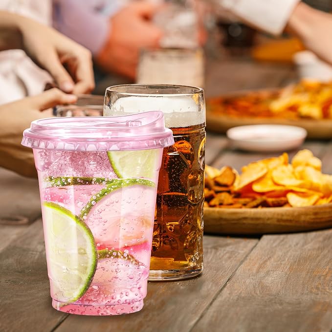 12oz Disposable Stemless Glasses With Strawless Sip Lids,PET Solo Disposable Cups ,Party Clear Plastic Wine Glasses for Parties Birthday,Wedding,Meeting,Christmas Party Supplies. (50, Pink)