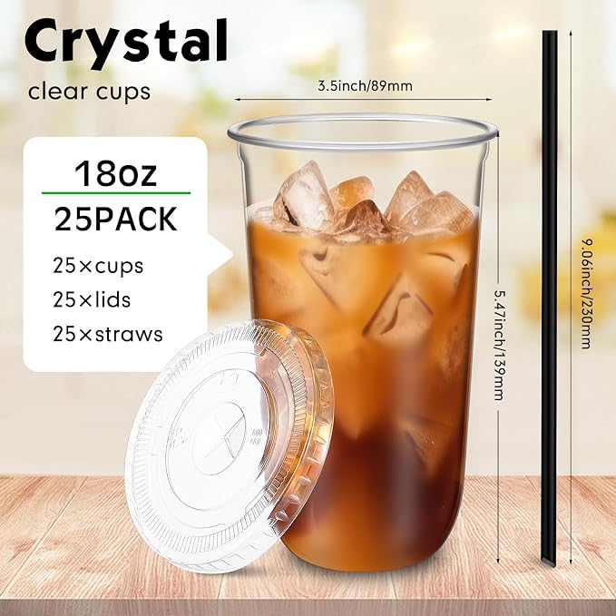 Ziliny 25 Set Clear Plastic Cups with Lids and Straws, Disposable Iced Coffee PET Cups for Drinking Cold Beverage Juice Parfait Smoothie Milkshake Coffee Shops Party Supplies (18 oz)