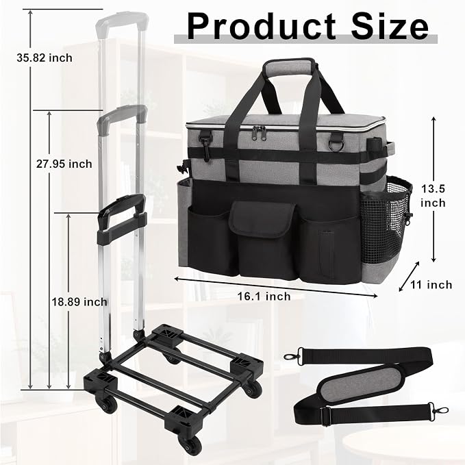 Large Rolling Cleaning Caddy with Wheels, Cleaning Supplies Organizer with Detachable Trolley, Water-resistant Cleaner Cart for Housekeepers, Multi Pocket Cleaning Cart with Strap, Gray