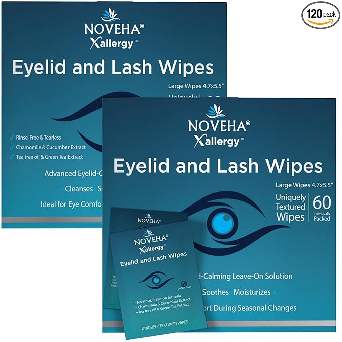 NOVEHA 120Pcs Allergy Relief Eyelid Wipes | Pre-moistened Hypoallergenic Eye Cleansing Pads, Reduce Itchiness, Redness & Discomfort Caused By Allergy, Clean, Soothe & Remove Debris (2 Pack)