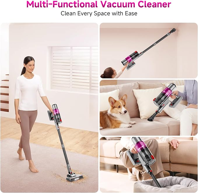 Cordless Vacuum Cleaner: Portable 6-in-1 Stick Vacuum with Anti-Tangle Brush, LED Headlight, Self-Standing, HD Display-Purple