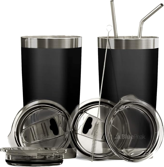 BluePeak Double Wall Vacuum Stainless Steel Insulated Tumblers Set, 2-Pack - Includes 2 Sipping Lids, 2 Spill-Proof Sliding Lids, 2 Straws, 1 Cleaning Brush & Gift Box (20 oz, Black)