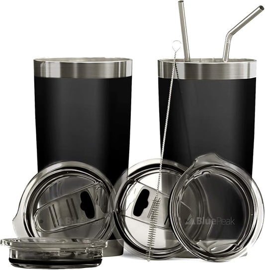 BluePeak Double Wall Vacuum Stainless Steel Insulated Tumblers Set, 2-Pack - Includes 2 Sipping Lids, 2 Spill-Proof Sliding Lids, 2 Straws, 1 Cleaning Brush & Gift Box (20 oz, Black)
