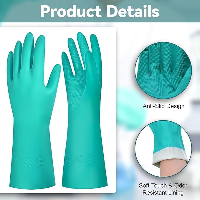 20 Pairs Nitrile Chemical Resistant Gloves, Heavy Duty Reusable Rubber Gloves Non-Slip Long Nitrile Glove Bulk for Cleaning, Resist Household Acid, Alkali and Oil (X-Large)
