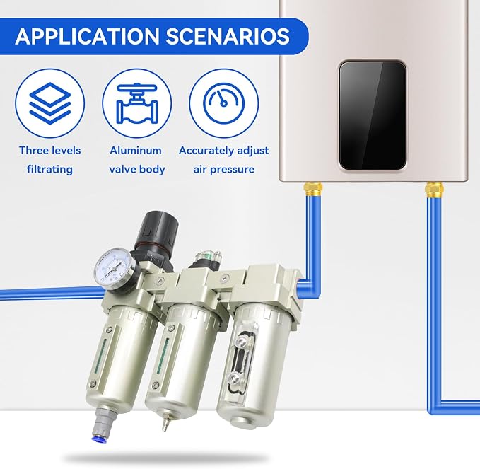 1/2" Air Dryer for Compressor, Auto Drain for Plasma Cutter, Paint Gun | 3 Stage NPT Industrial Filter Regulator Combo & Desiccant Dehumidifier, 0.01μm Coalescing Filter