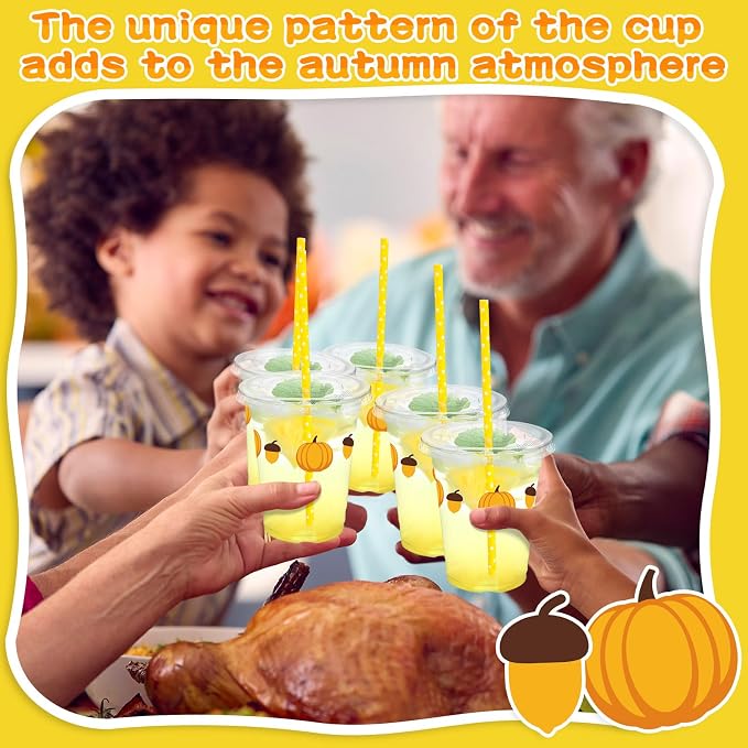 100 Set Fall Pumpkin Disposable Plastic Cups with Lids and Straws 12 oz Pumpkin Acorn Plastic Party Cups Transparent Cold Beverage Drinking Cups for Autumn Thanksgiving Party Supplies(Orange)