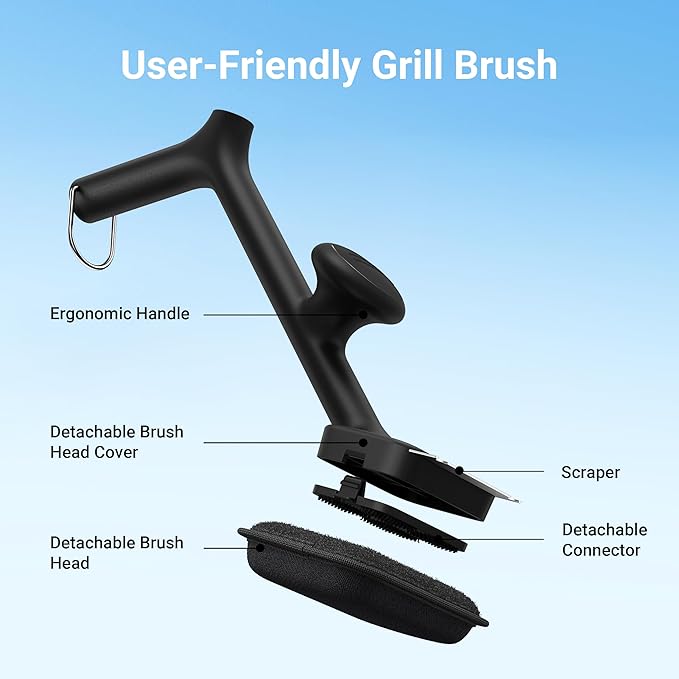 ThermoMaven Grill Brush Bristle Free with 3 Replacement Brush Heads, Steam Grill Brush with Scraper, Non Metal Bristles for Cast Iron, Stainless-Steel Grates, Safe for Non-Stick Surface, Black