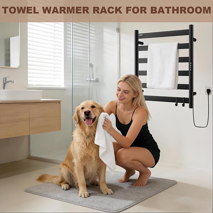 R FLORY Heated Towel Rack for Bathroom, 6 Bar Wall Mounted Towel Warmer Rack Flat with Timer & Temperature, Electric Towel Heater with LED Display Screen, Plug-in,Matte Black