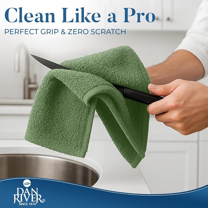 DAN RIVER Kitchen Bar Mops,Pack of 12,16 by 19 Inches,100% Cotton Super Absorbent,Multi-Purpose Cleaning Towels for Home and Kitchen Bars-Sage Green