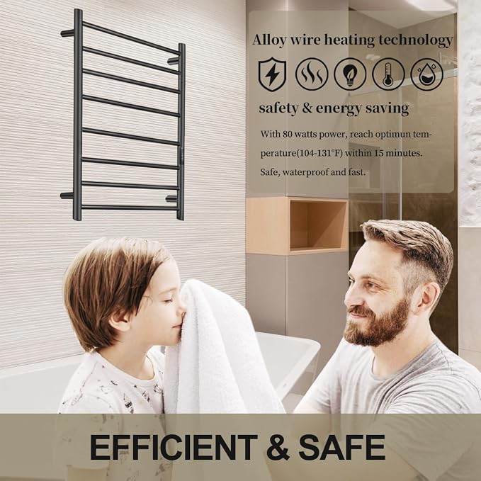 Towel Warmers for Bathroom, Electric Heated Towel Rack Wall Mounted, Hot Storage Rack with Built-in Timer, Stainless Steel, 8 Bars, Plug-in, Fast Heating, Black