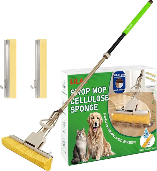 LILAC Cellulose Sponge Mop with 2 Replacement Heads, 4-Color Handle Choices for Zoned Cleaning, Super Absorbent Pop Up Roller Mop for Hardwood,Laminate Floors, Heavy Duty Floor Scrubber (Green)
