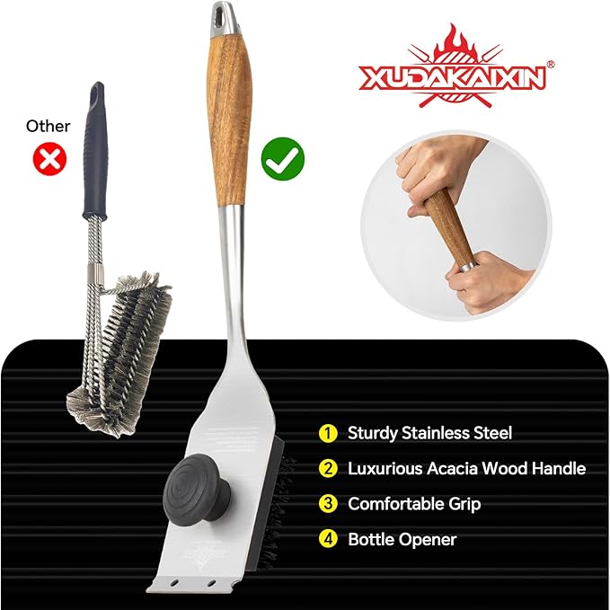 XUDAKAIXIN Nylon Grill Brush, Dual Grip Design, with Extended Luxurious Acacia Wood Handle, Safe Nylon Bristles Barbecue Outdoor Grill Brush for Cooled Grates(Black)
