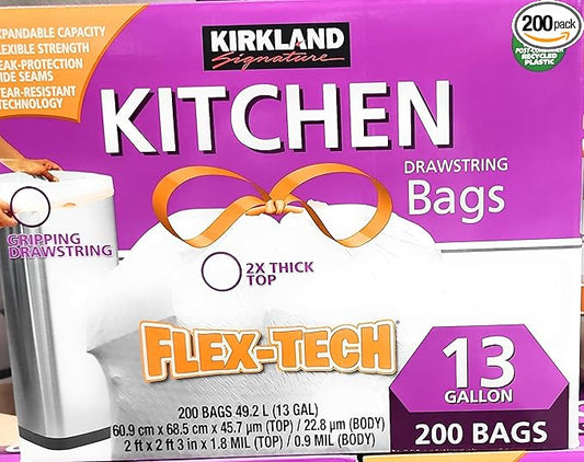 Worldwide Nutrition Bundle Compatible with Kirkland Signature Flex-Tech 13 Gallon Kitchen Garbage Bags with Drawstring Closure - 200 Count Pack of Tall Trash Bags for Kitchen with Keychain