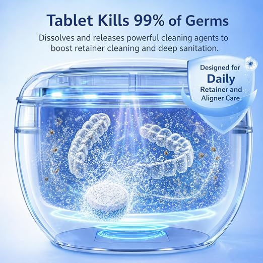 Ultrasonic Retainer Cleaner Machine with 3 Retainer Cleaning Tablets - 45kHz Dental Cleaning Pod with 2 Modes, Deep Cleaning Ultrasonic Cleaner for Dentures, Aligners, Mouth Guards