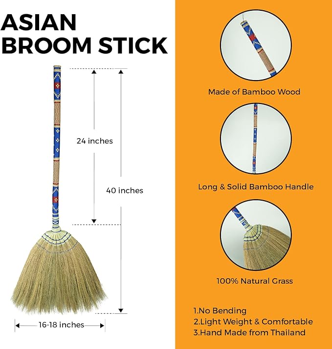 Natural Grass Thai Broom Vintage Retro Embroidered Woven Nylon, Handmade Broom, Housewarming Gift, Witch Broom, Broomstick Bamboo Stick Handle, Kong Grass Broom, Durable Broom for Indoor & Outdoor