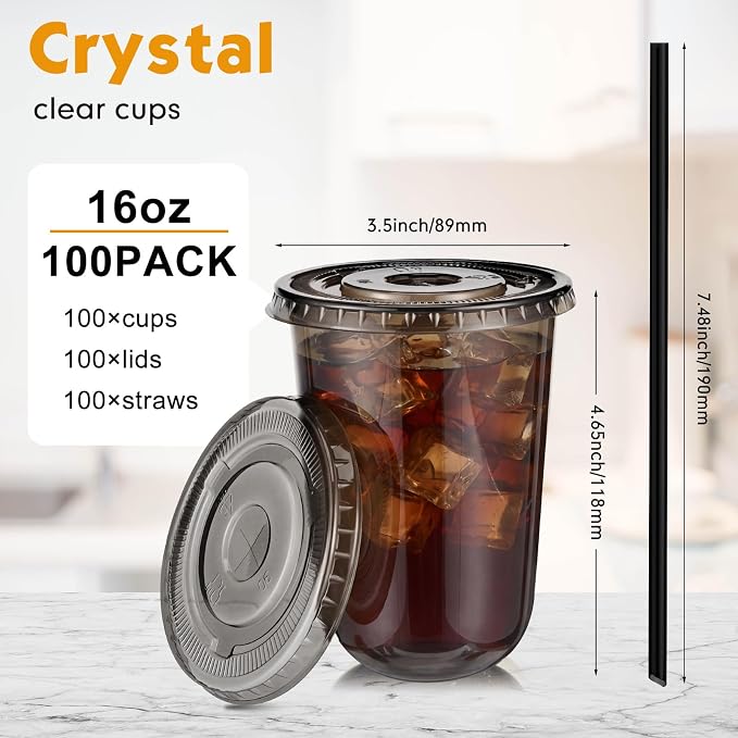 Ziliny 100 Set Black Plastic Cups with Lids and Straws, Disposable Iced Coffee PET Cups for Drinking Cold Beverage Juice Parfait Smoothie Milkshake Coffee Shops Party Supplies (16 oz)