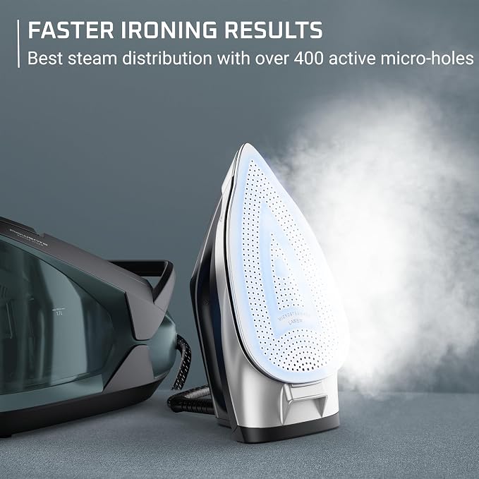 Rowenta Iron Steamer for Clothes Master Steam Station, Professional Steam Iron for Clothes with Stainless Steel Soleplate, 57 Oz, 400 Microsteam Holes, Built-In Pump, 1750 Watts, Black/Green, VR8338
