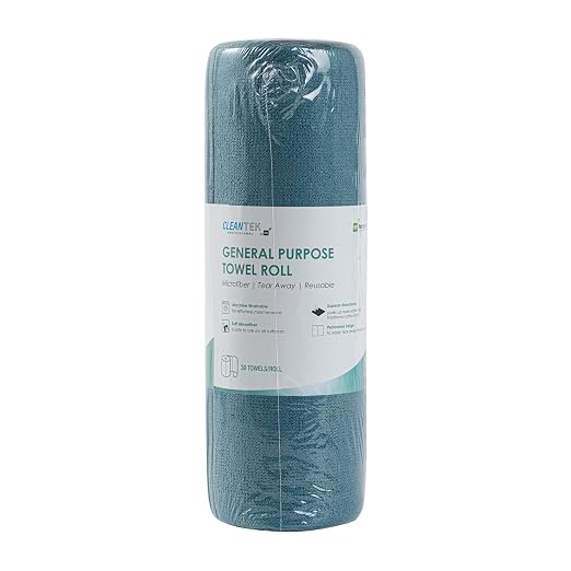 Restaurantware-Clean Tek Professional 11.8 x 11.8 Inch Microfiber Towel Rolls, 30 Reusable Towel Rolls - 30 Tear Away Sheets Per Roll, Perforated, Teal Microfiber Cloth, For All The Cleaning Tasks