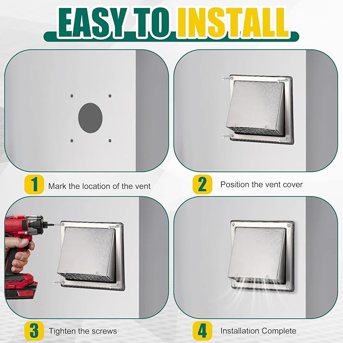 4'' Dryer Vent Cover Outside Exhaust Wall Vent Cover with Grille Screen Flap Stainless Steel Metal Exterior Dryer Hood Shroud for Outdoor House Pest Proof